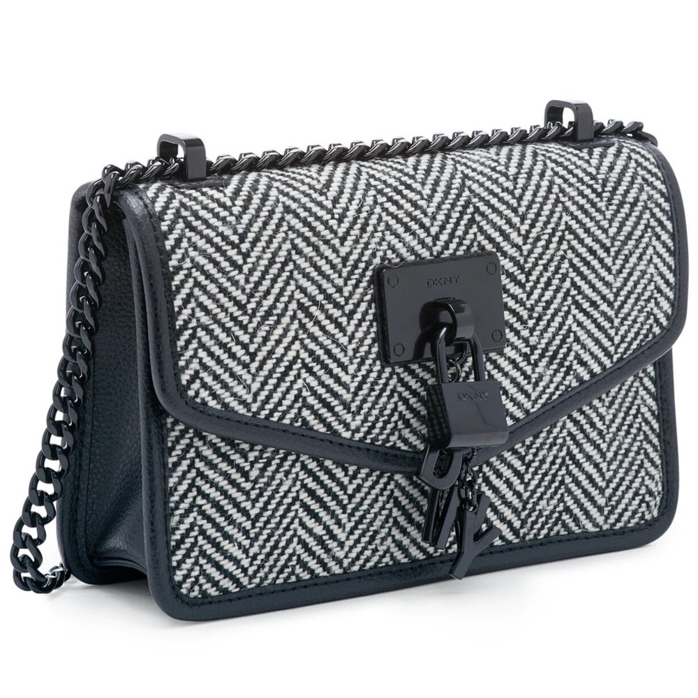 $198 DKNY Elissa Small Shoulder Bag Fabric Black White Chevron Striped